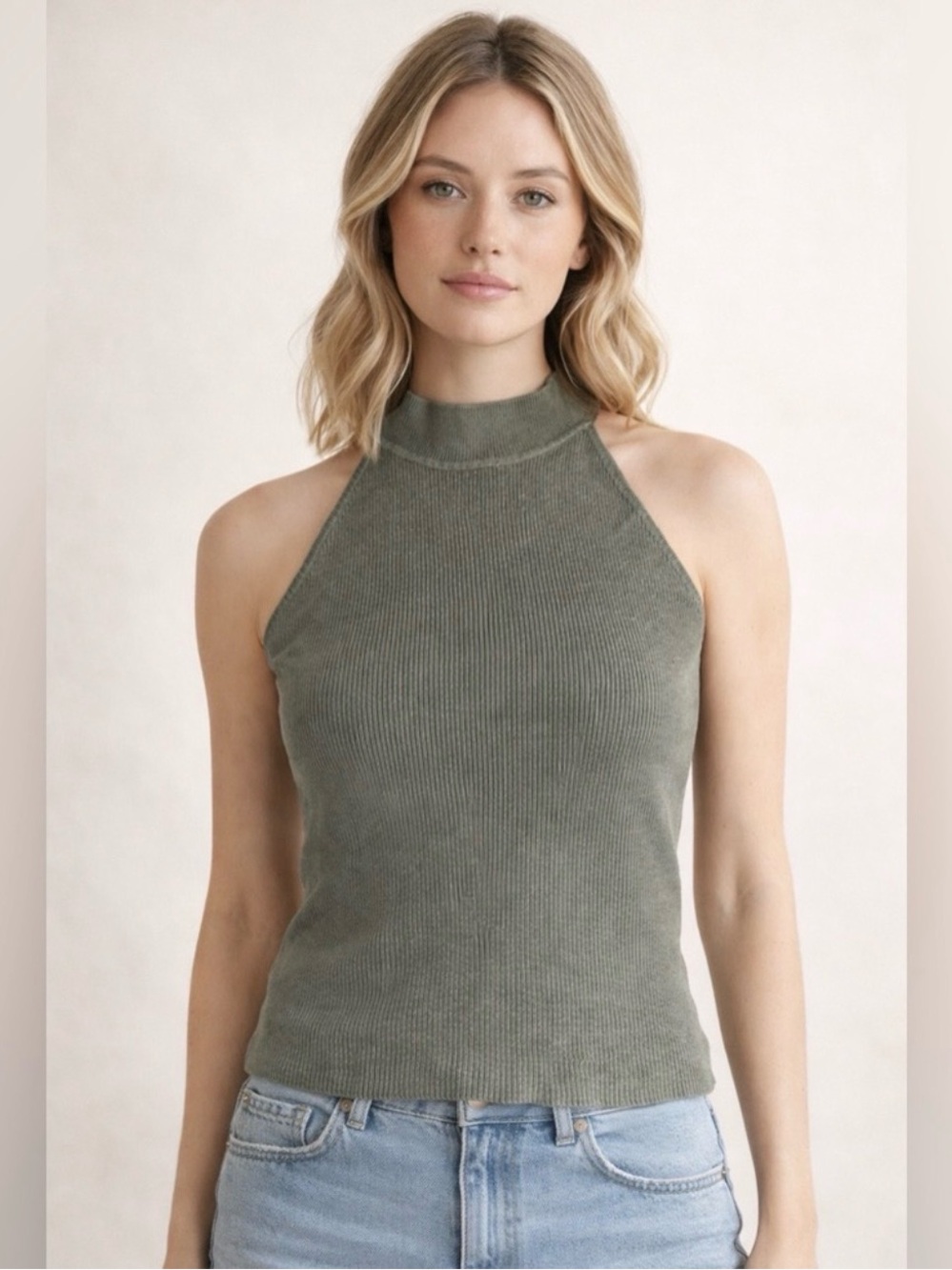 Mexx Knit Halter Top in Muted Sage Green / Ribbed Sleeveless Top / Ladies L